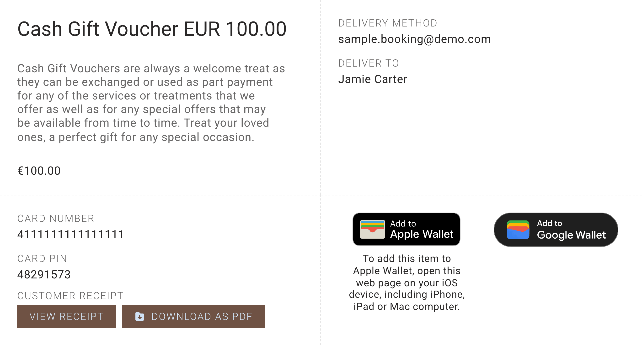 Gift voucher confirmation showing instant delivery details
